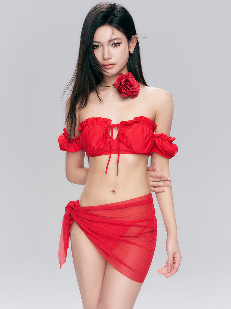 Red Off-Shoulder Ruffle Bikini Set with Sheer Sarong