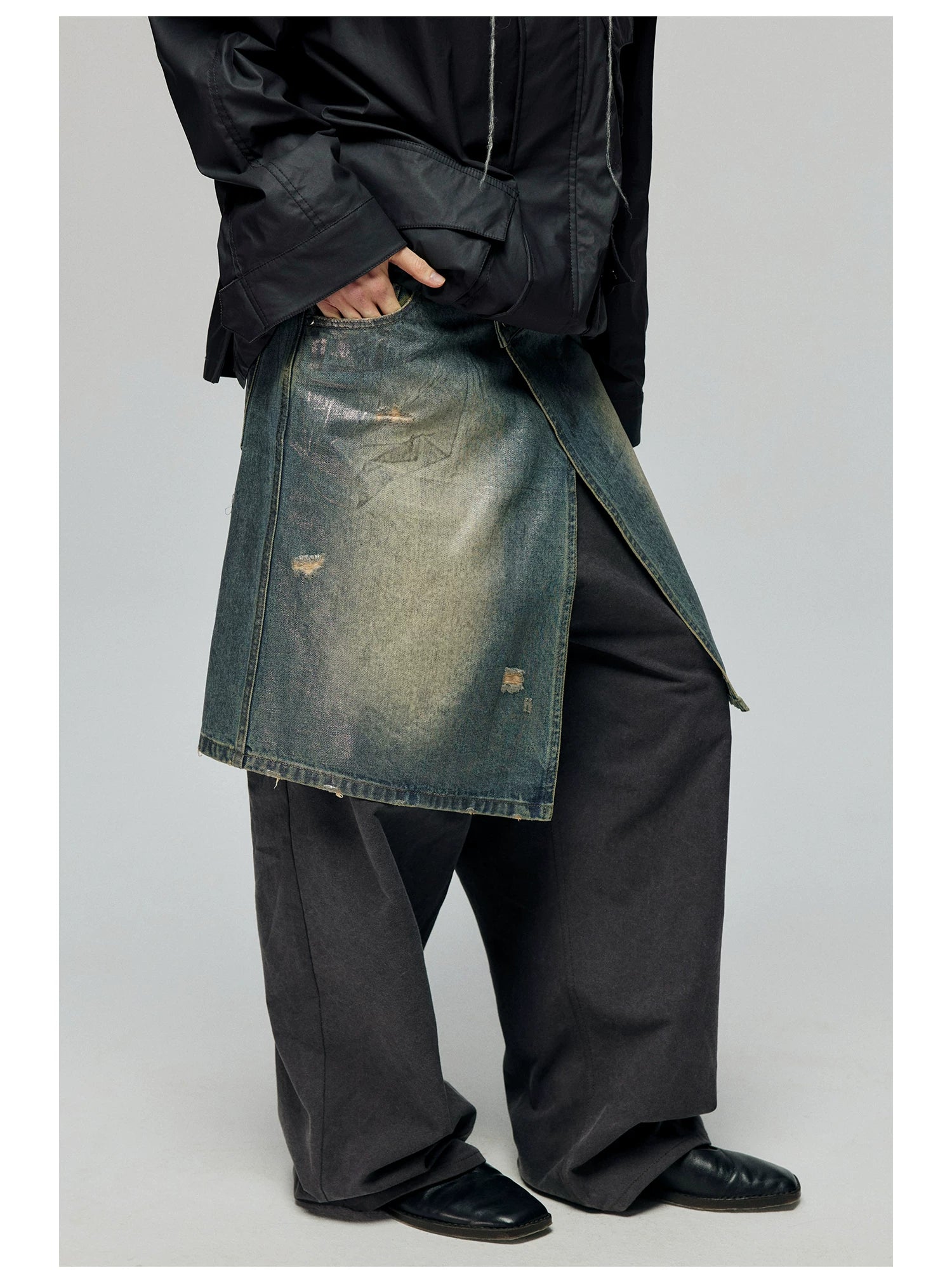 Distressed Denim Wrap Midi Skirt
