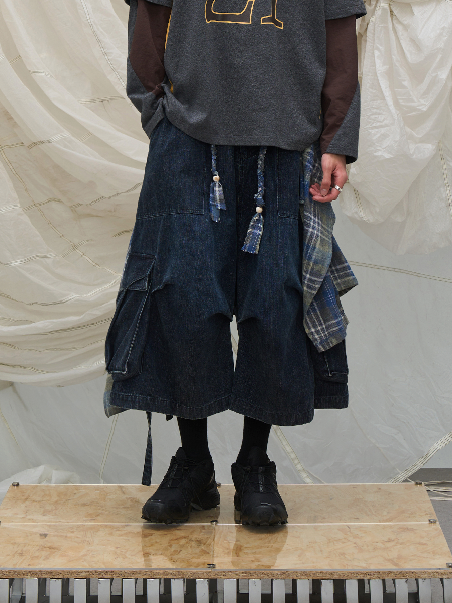 Layered Plaid Wrap Denim Shorts