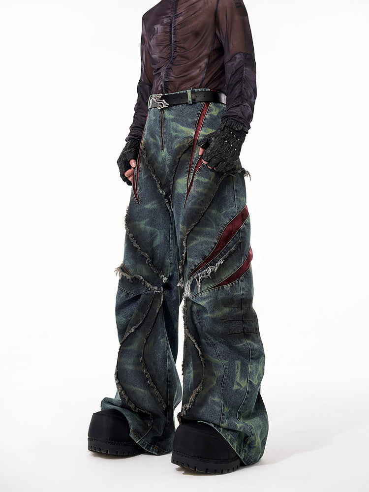 Distressed Wide-Leg Jeans with Leather Inlay Pattern