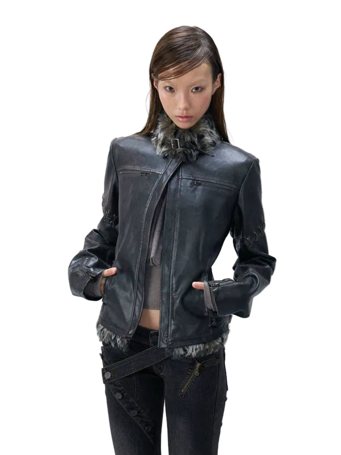 Midnight Frost Faux Fur Trim Moto Jacket