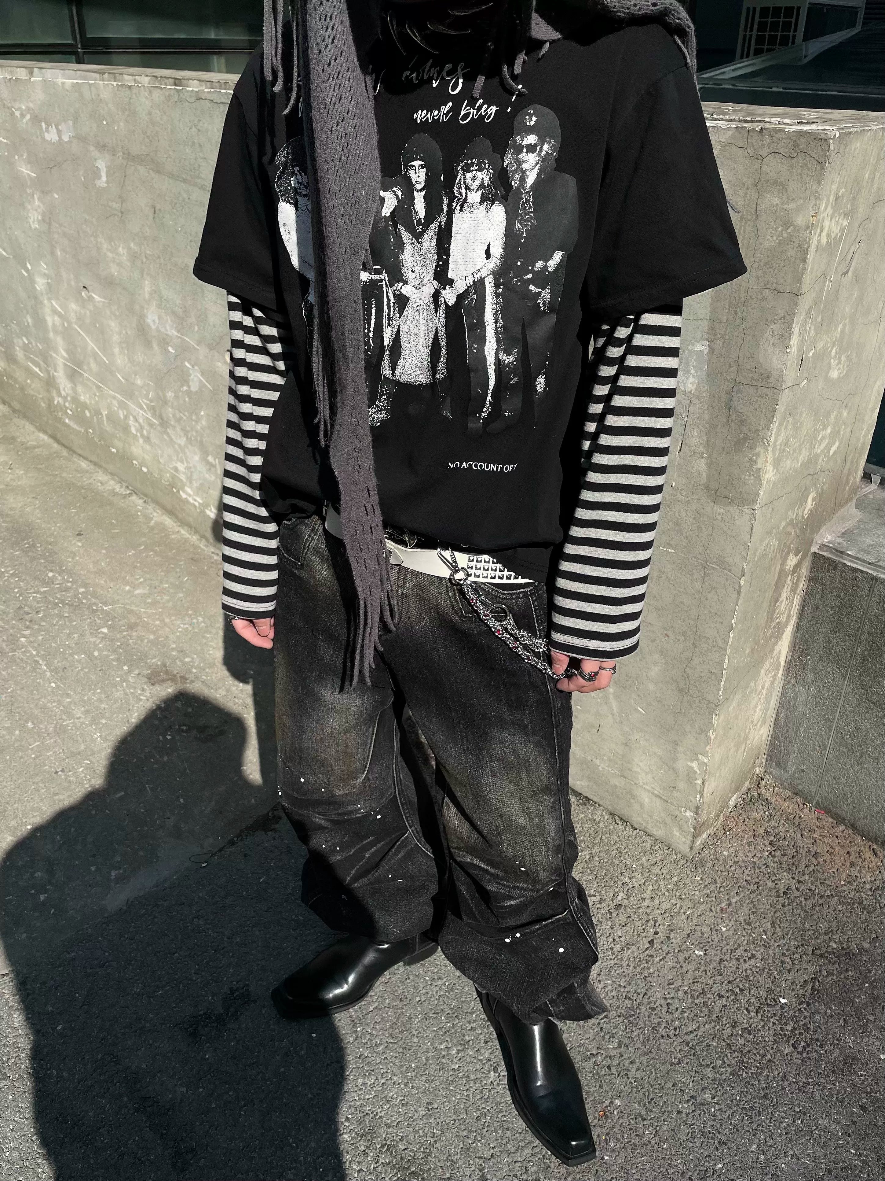 Vintage Band Graphic Tee with Striped Layered Sleeves