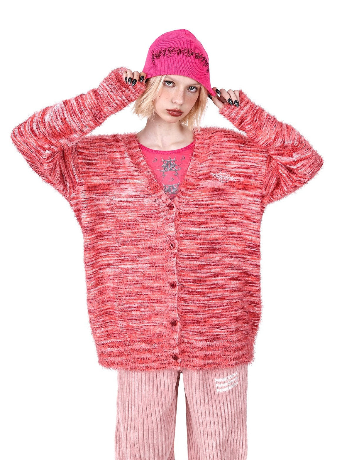 PINKSPINK Fuzzy Marled Cardigan - Coral Pink