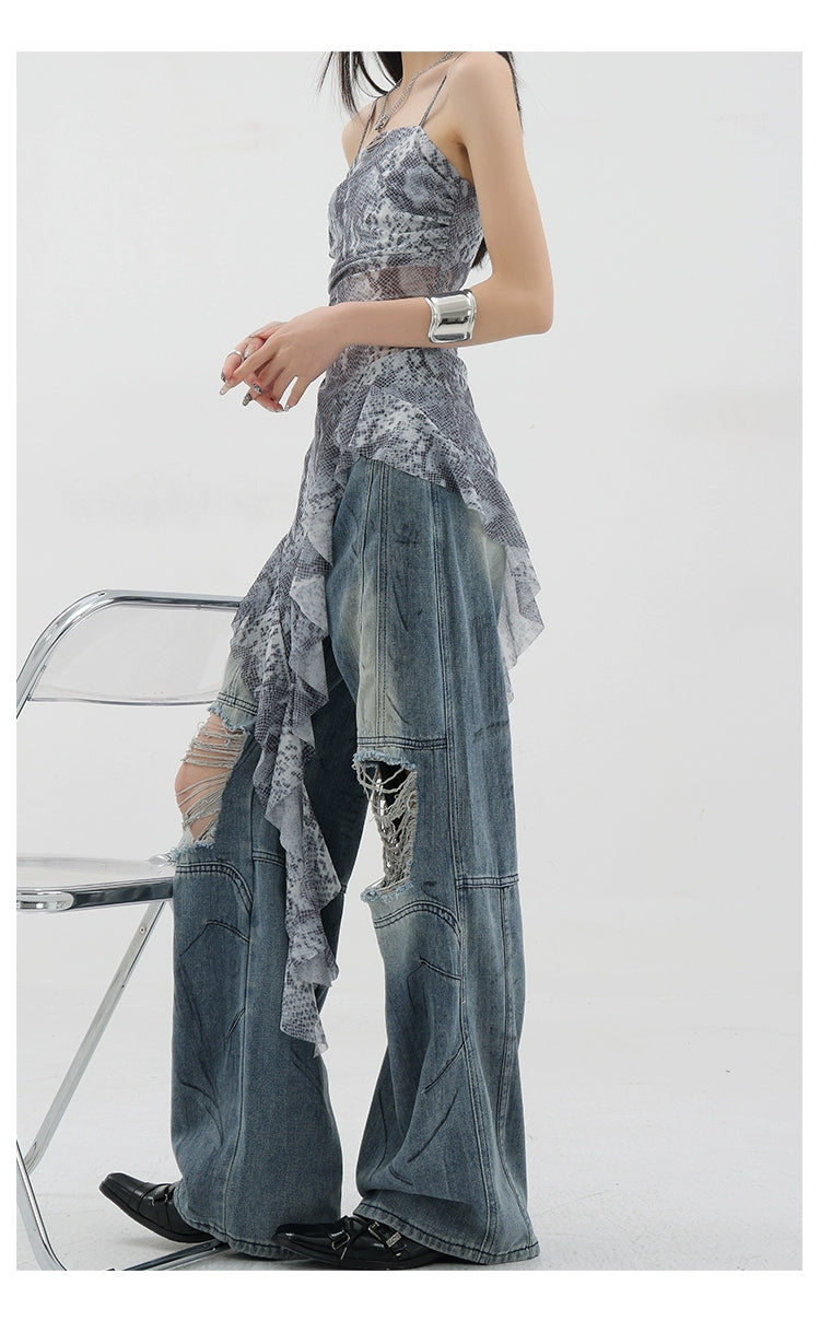 Vintage Distressed And Dirt-Dyed Patchwork Wide-Leg Jeans - chiclara