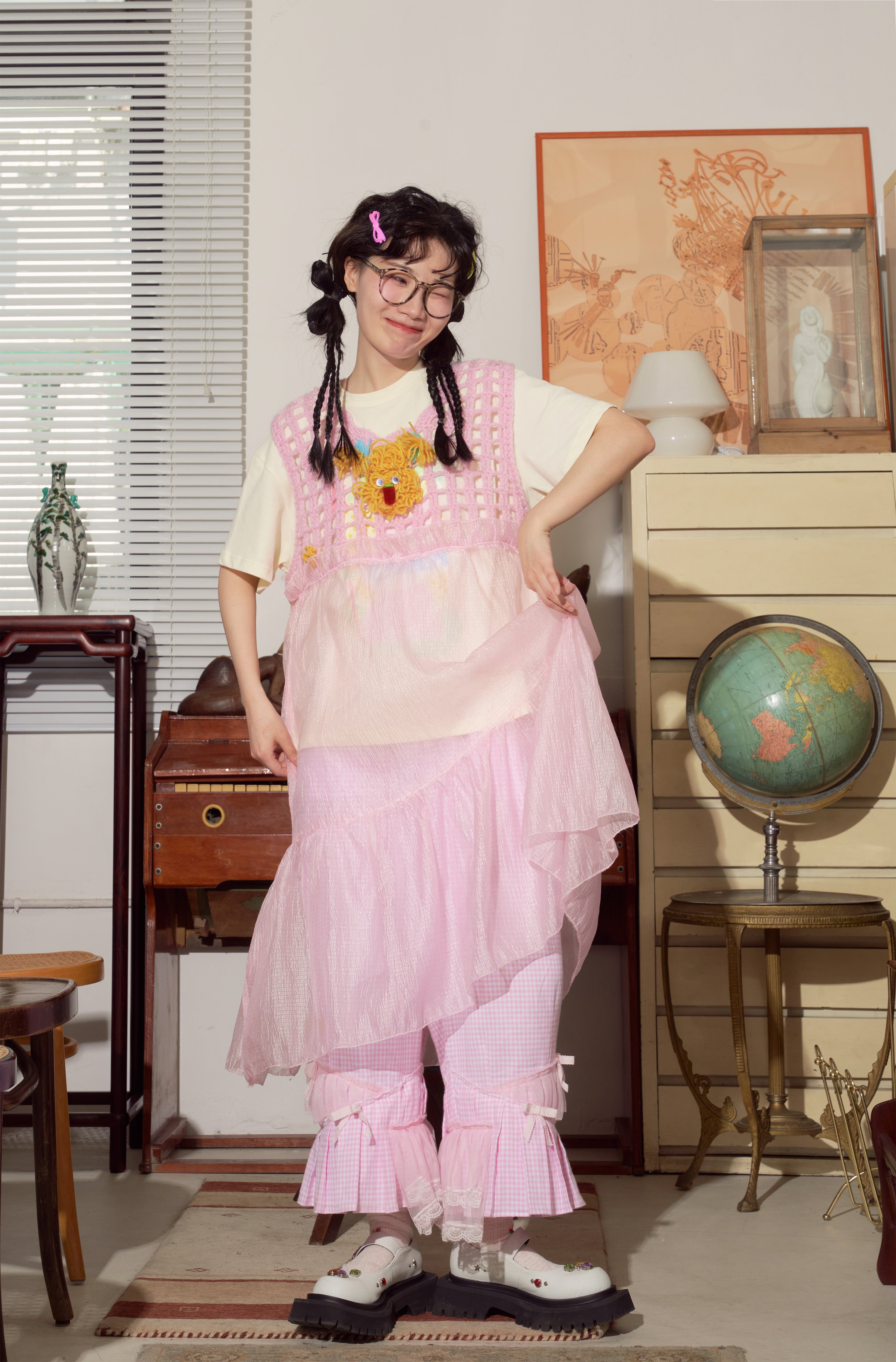 Pink Crochet Knit Embroidered Dress