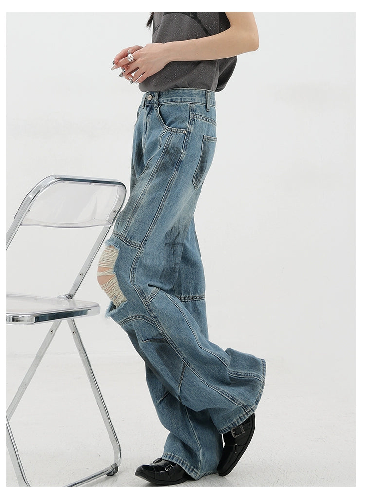 Vintage Distressed And Dirt-Dyed Patchwork Wide-Leg Jeans - chiclara