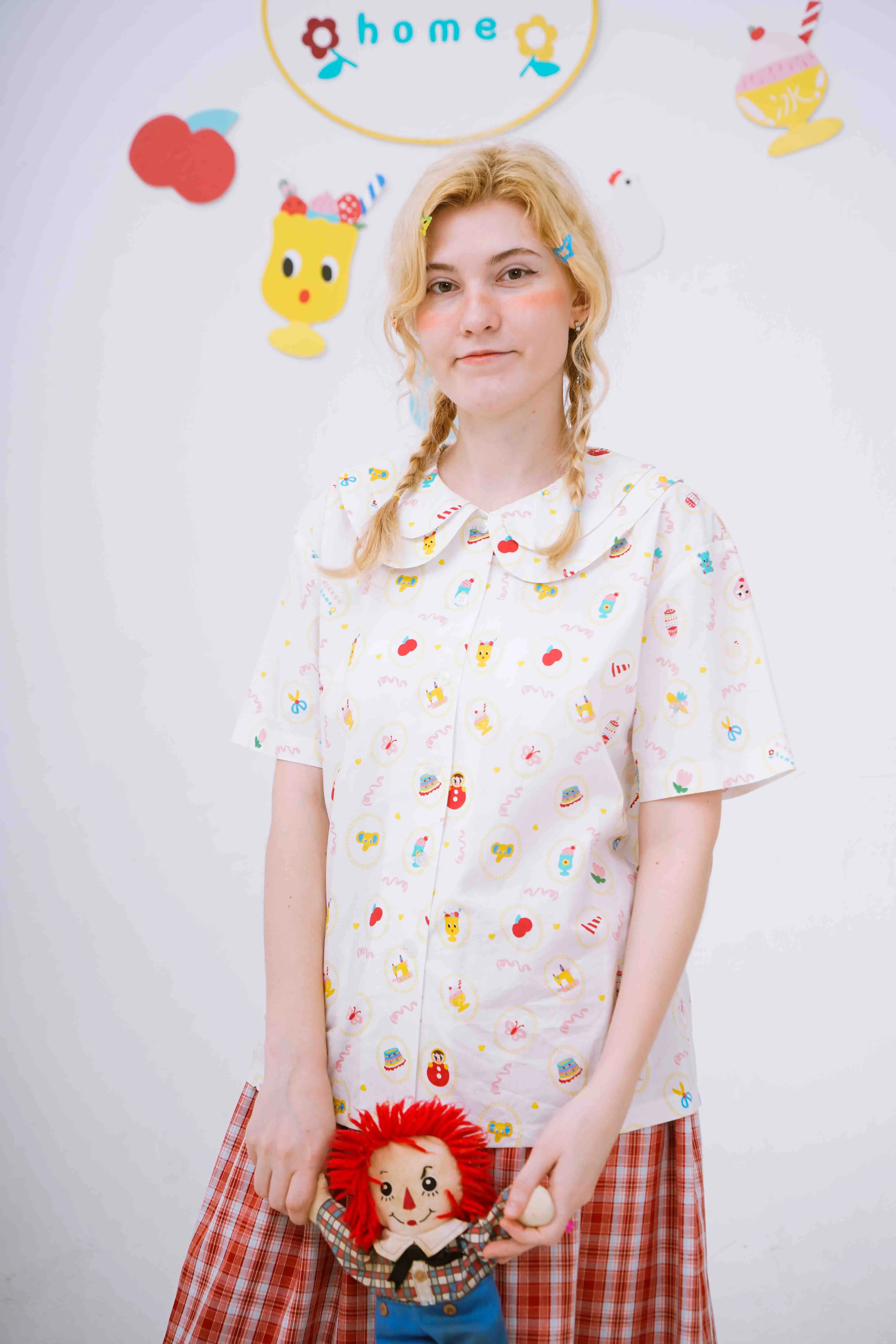 Sweet Milkshake Print Peter Pan Collar Blouse