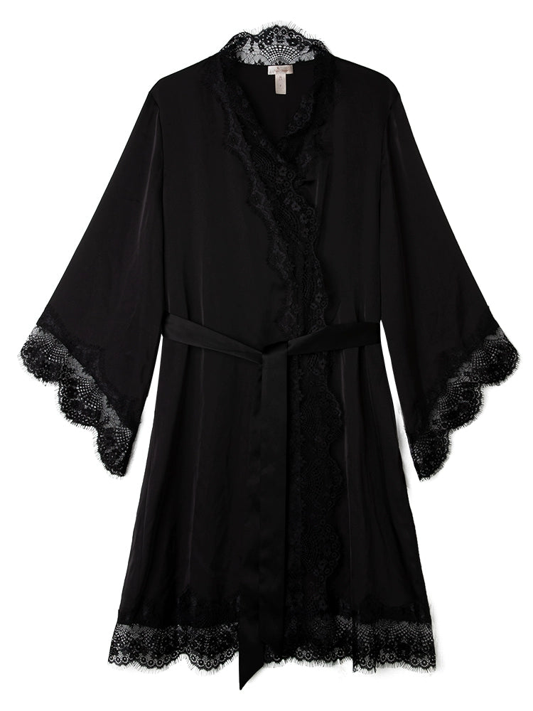 Silk Long Lace Trimmed Robe Sleepwear Loungewear - chiclara