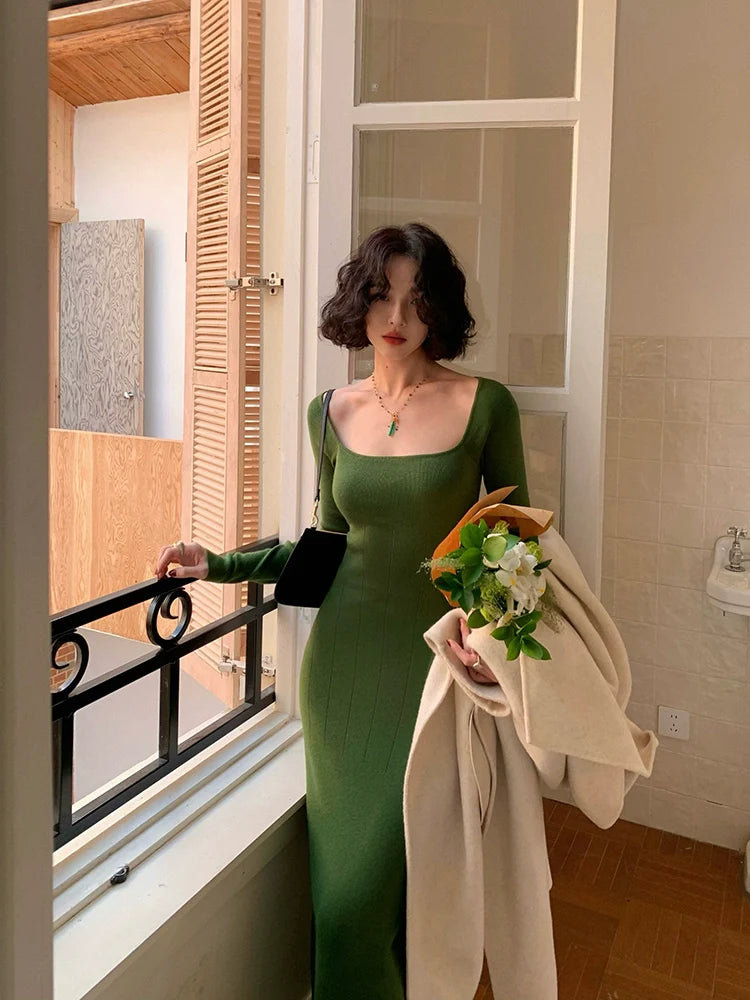 U-Neck Long Sleeve Ribbed Knit Maxi Dress