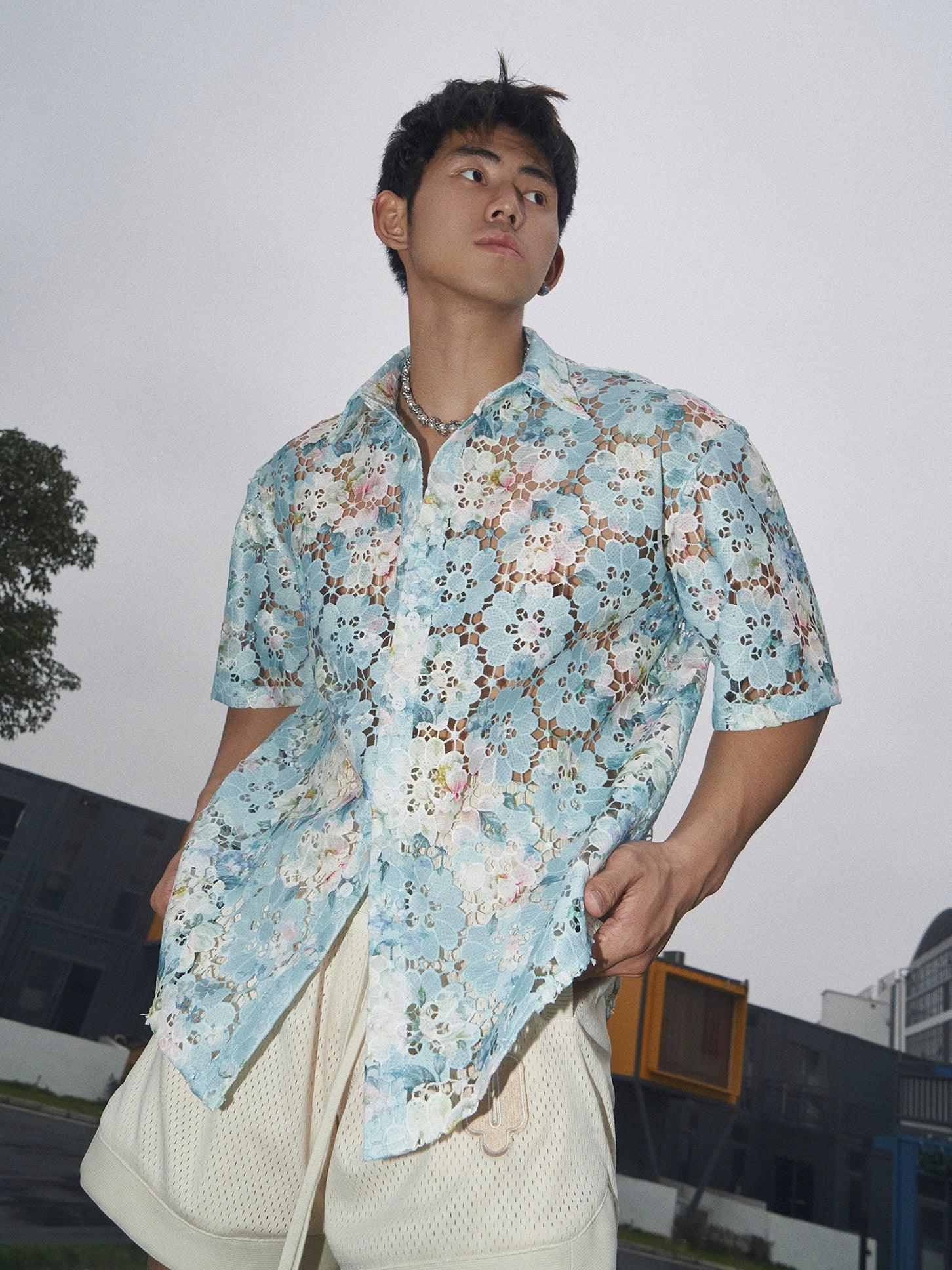 Lace-Like Floral Pattern Button-Up Shirt