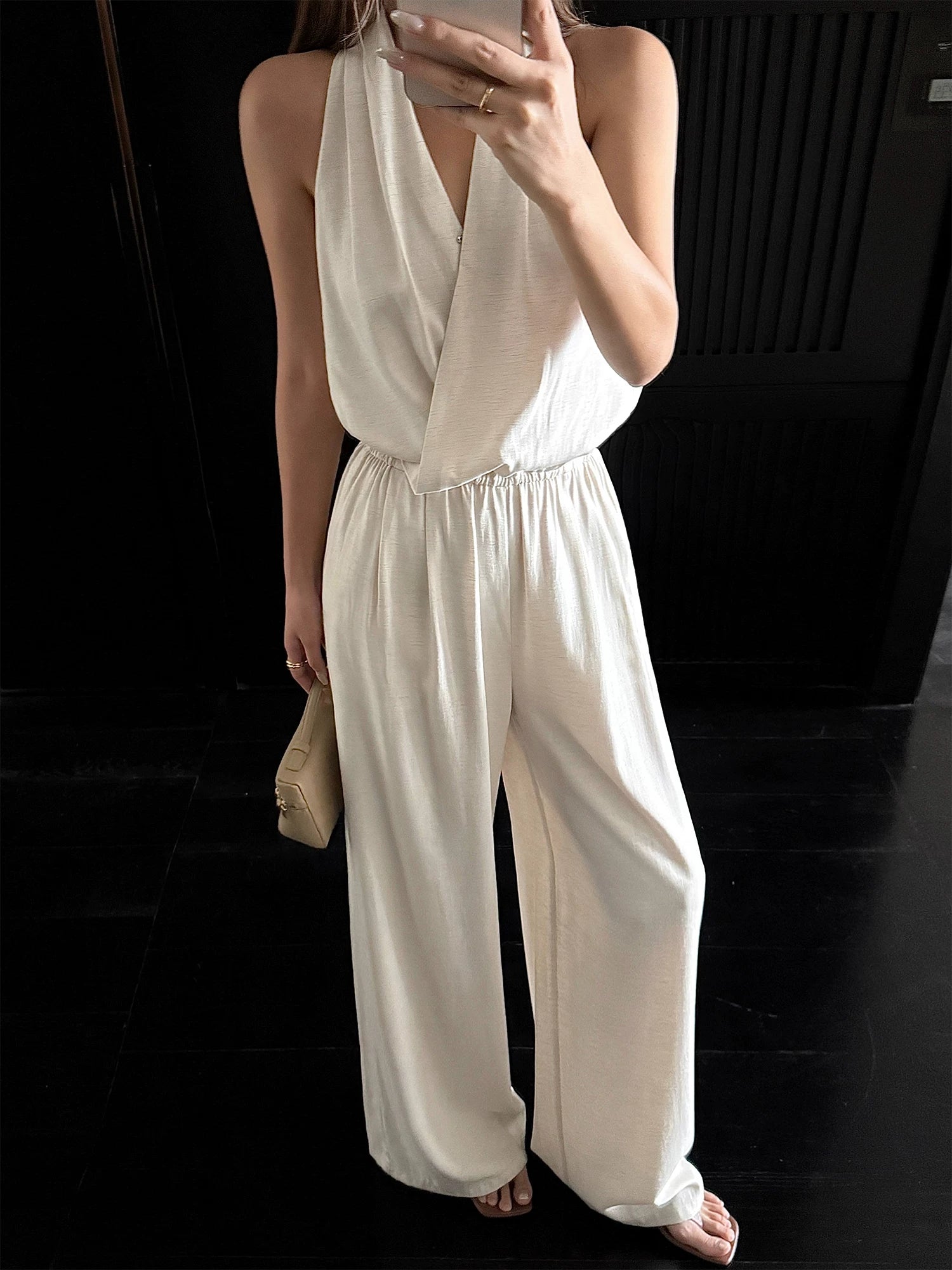Draped Halter Wide Leg Jumpsuit