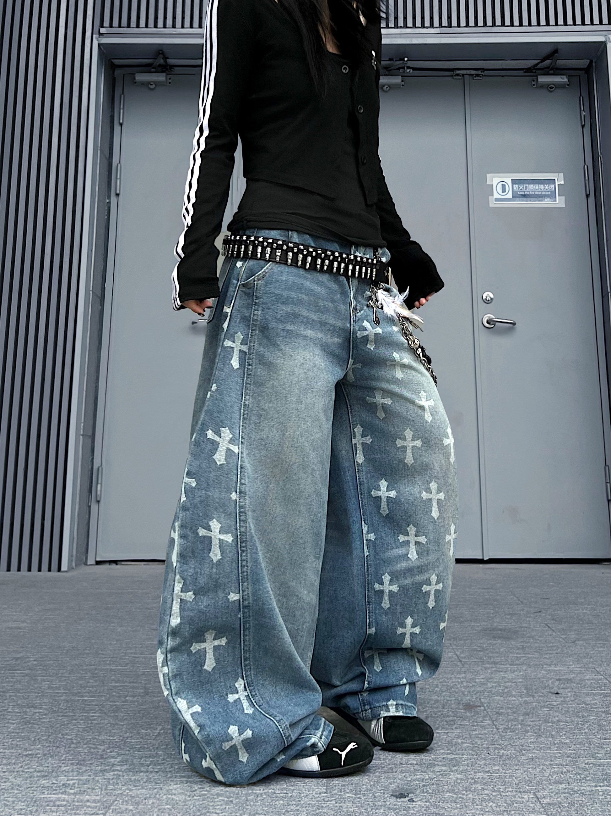 Men's Cross-Print Washed Curved Draped Wide-Leg Jeans