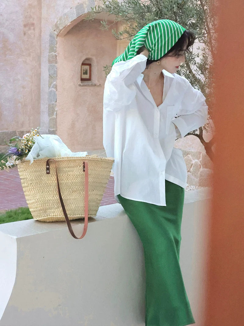 Elegant Green Satin A-Line Midi Skirt