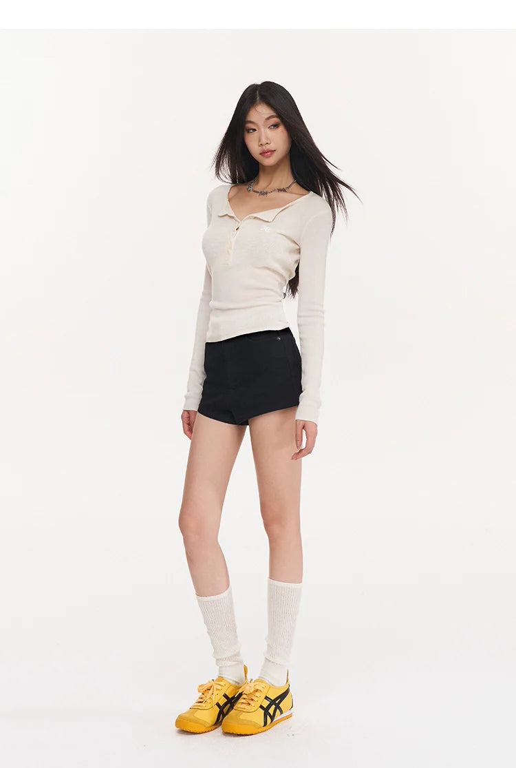 Ribbed Knit Cropped Henley Top