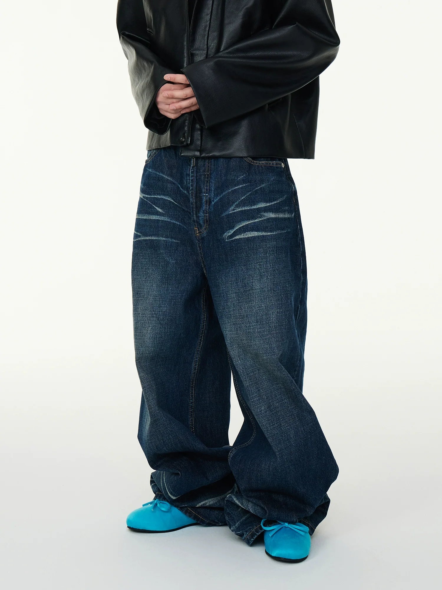 Blue Wide-Leg Whiskered Stacked Jeans