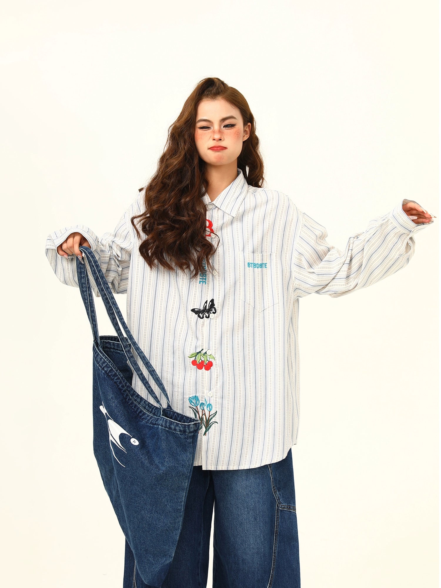 Embroidered Character Oversized Striped Shirt