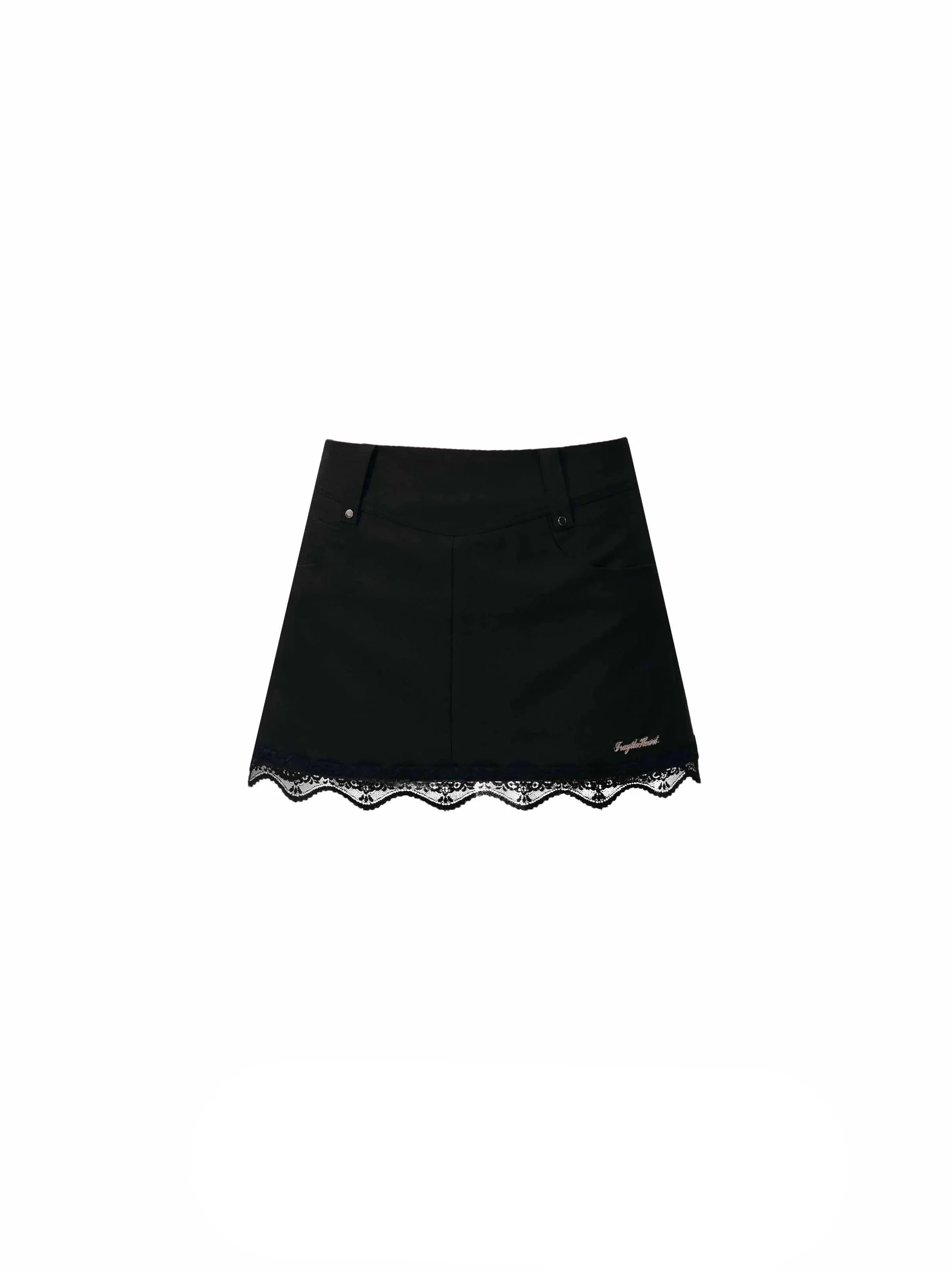 Classic Elegance Mini Skirt: Black Denim with Scalloped Lace Hem