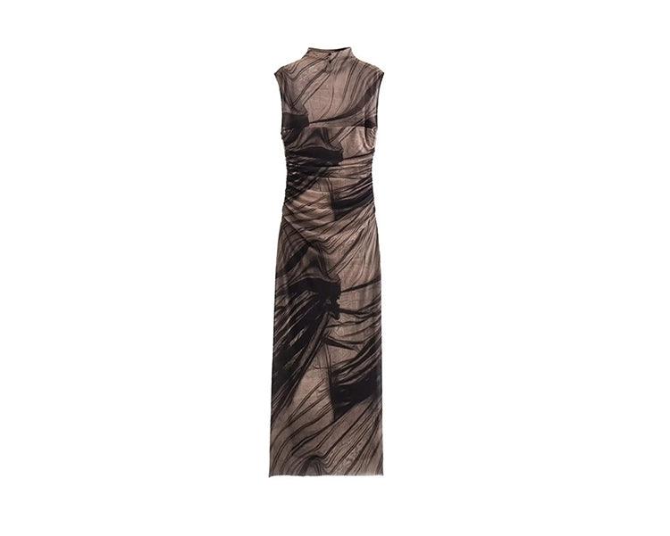 Ladyghost Smoke And Shadows Bodycon Maxi Dress - Women'S Sheer Mesh Layered Abstract Print Dress