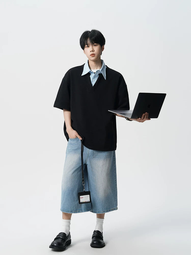 Layered V-Placket Oversize Polo Tee