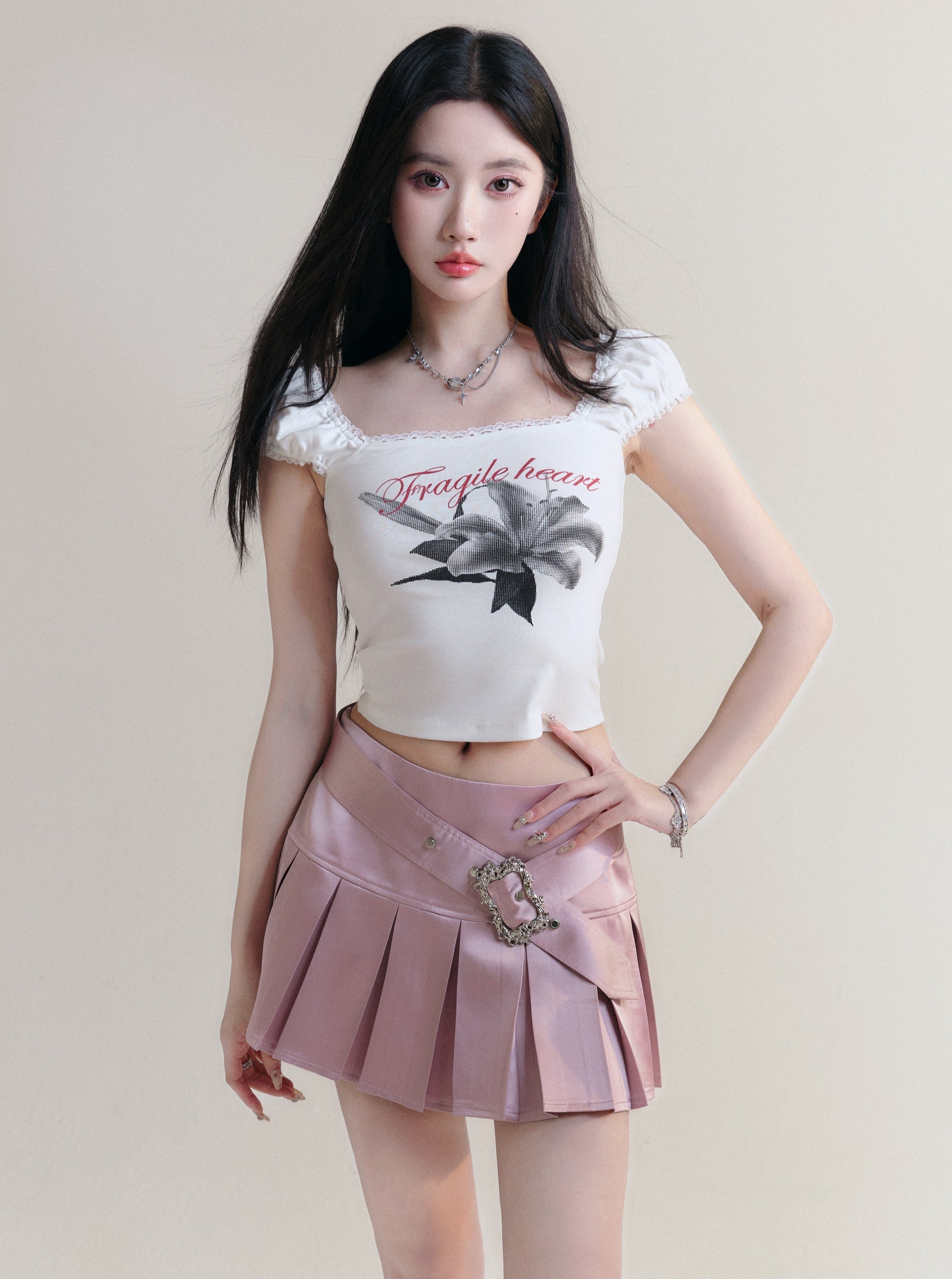 Fragile Heart Puff-Sleeve Graphic Crop Top