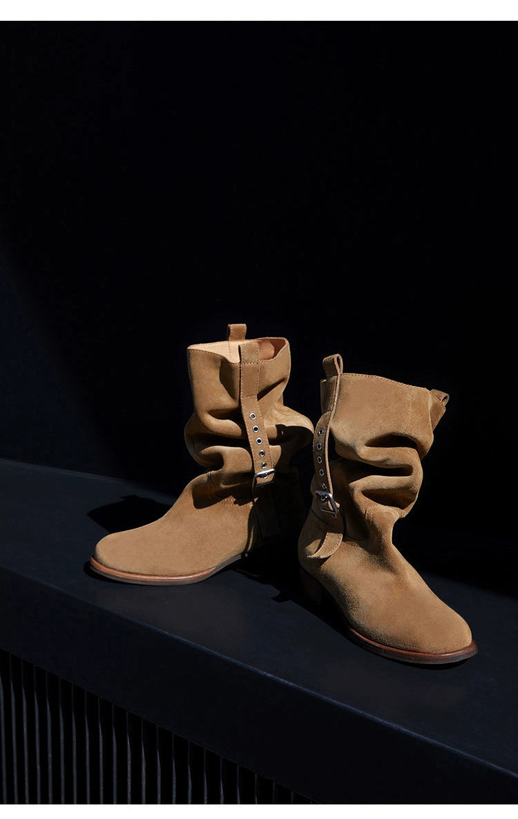 Suede Slouchy Buckle Ankle Boots