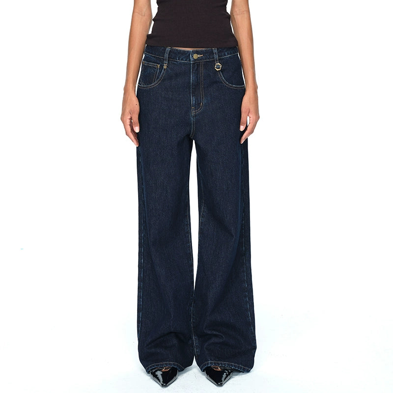 Dark Blue Raw Denim Wide-Leg Jeans