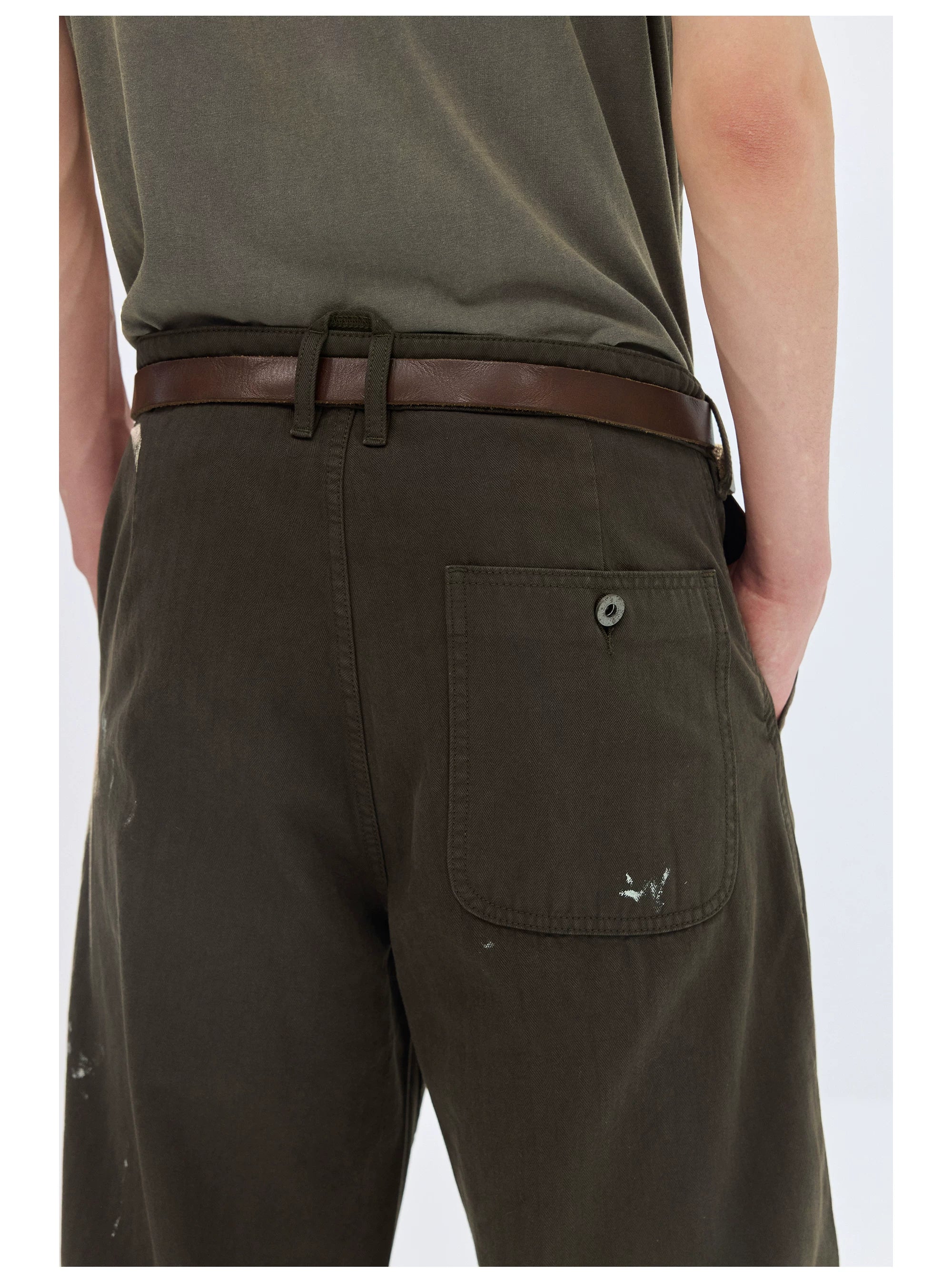 Dark Olive Paint-Splatter Straight-Leg Pants