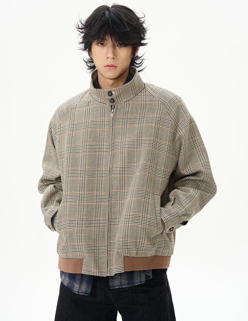 Plaid Bomber Jacket Beige