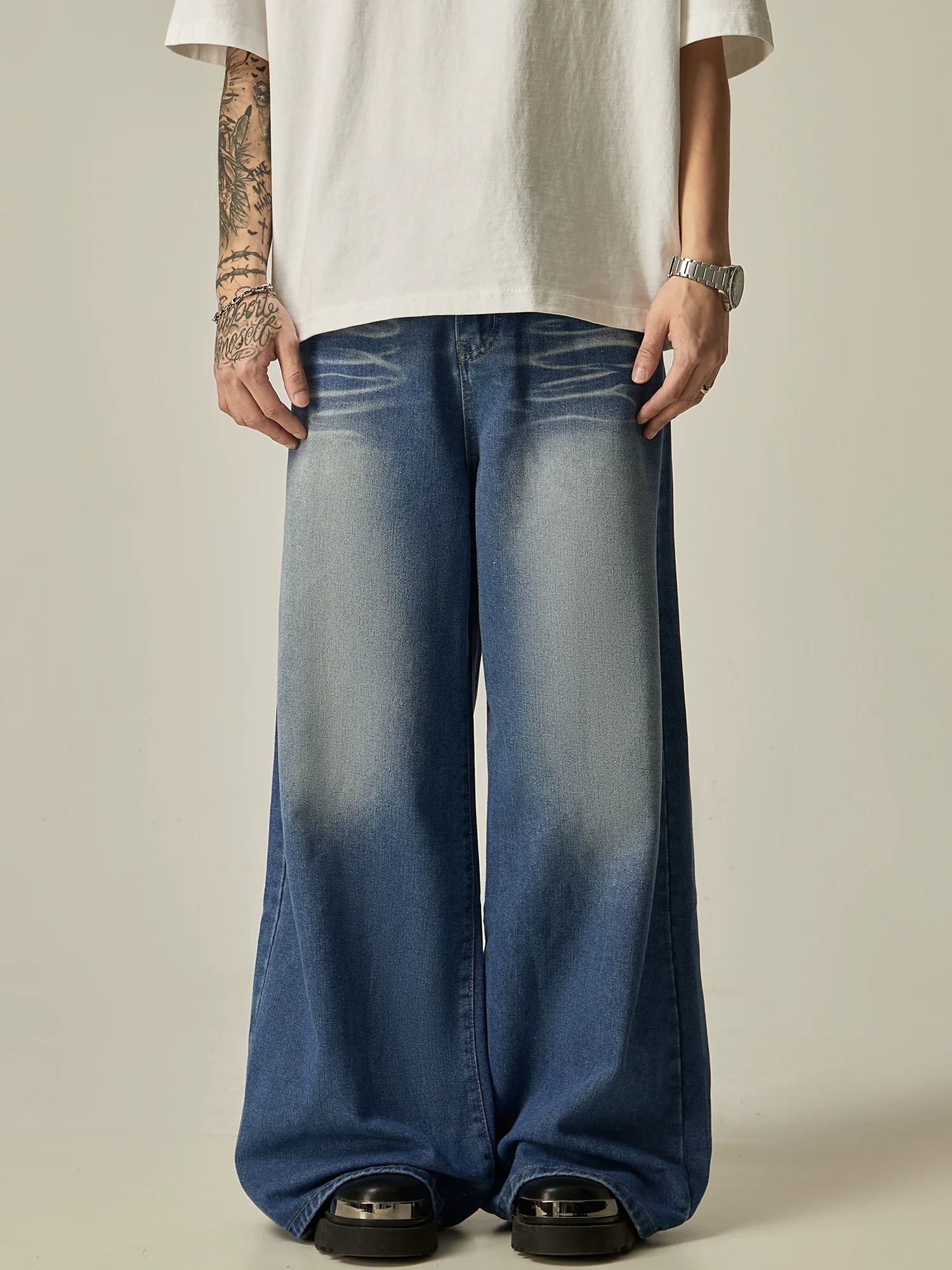 Wide-Leg Distressed Gradient Wash Denim Jeans