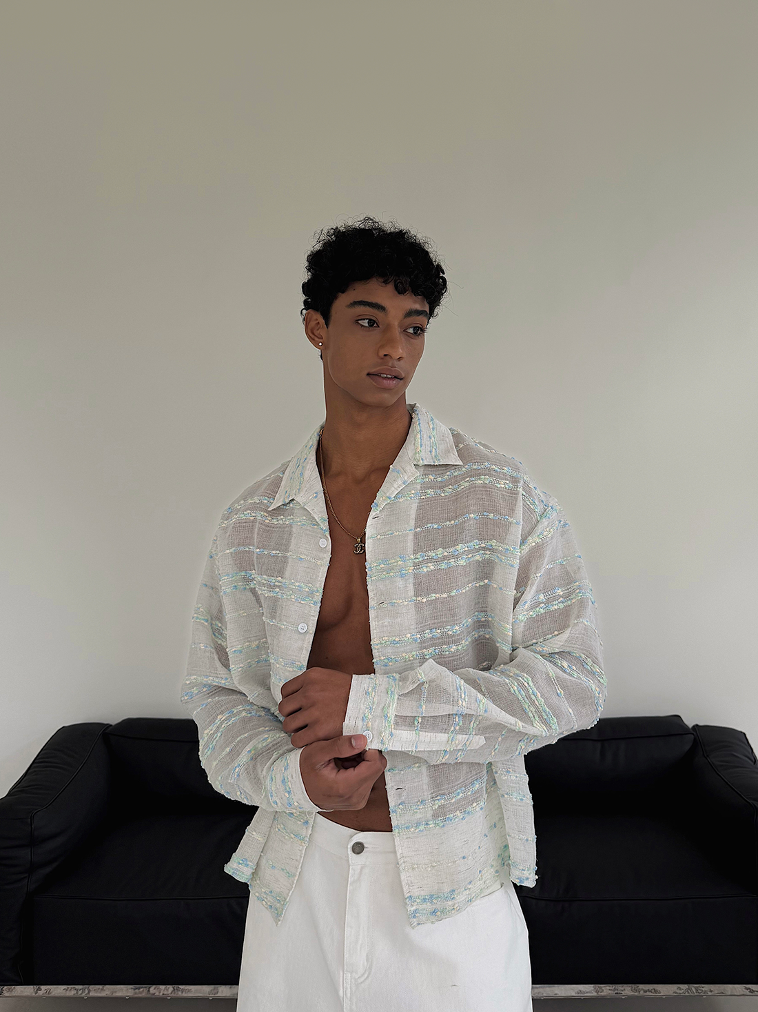 Sheer Textured Striped Button Up Shirt