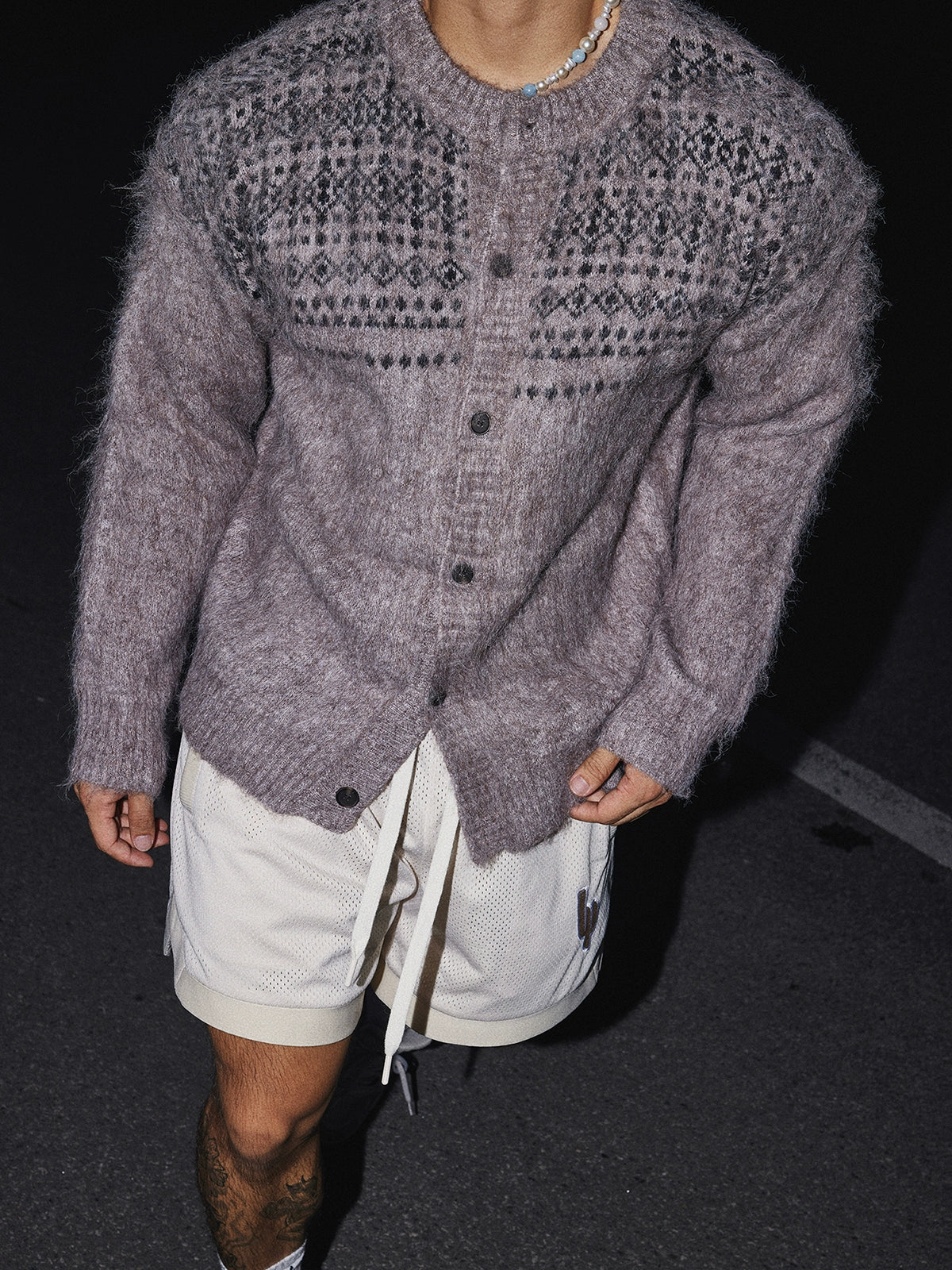 Dark Gray Fuzzy Knit Fair Isle Cardigan