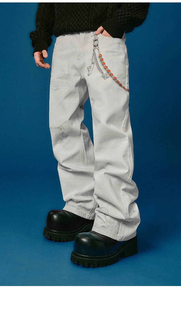 Chain Print Distressed Wide Leg Jeans