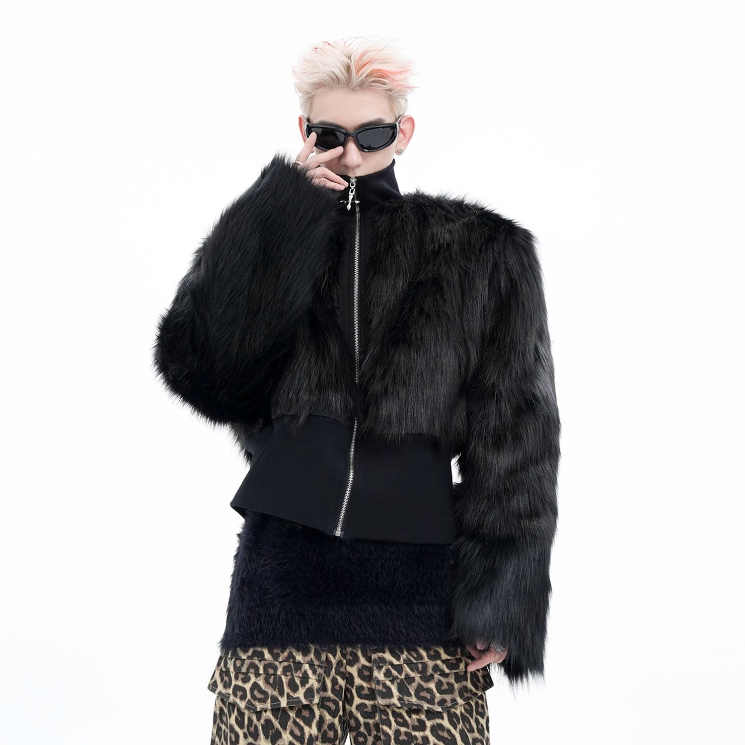 High Neck Olive Fur Panel Jacket