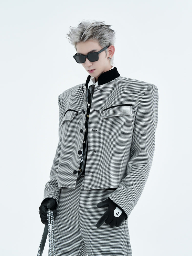 Houndstooth High-Neck Blazer