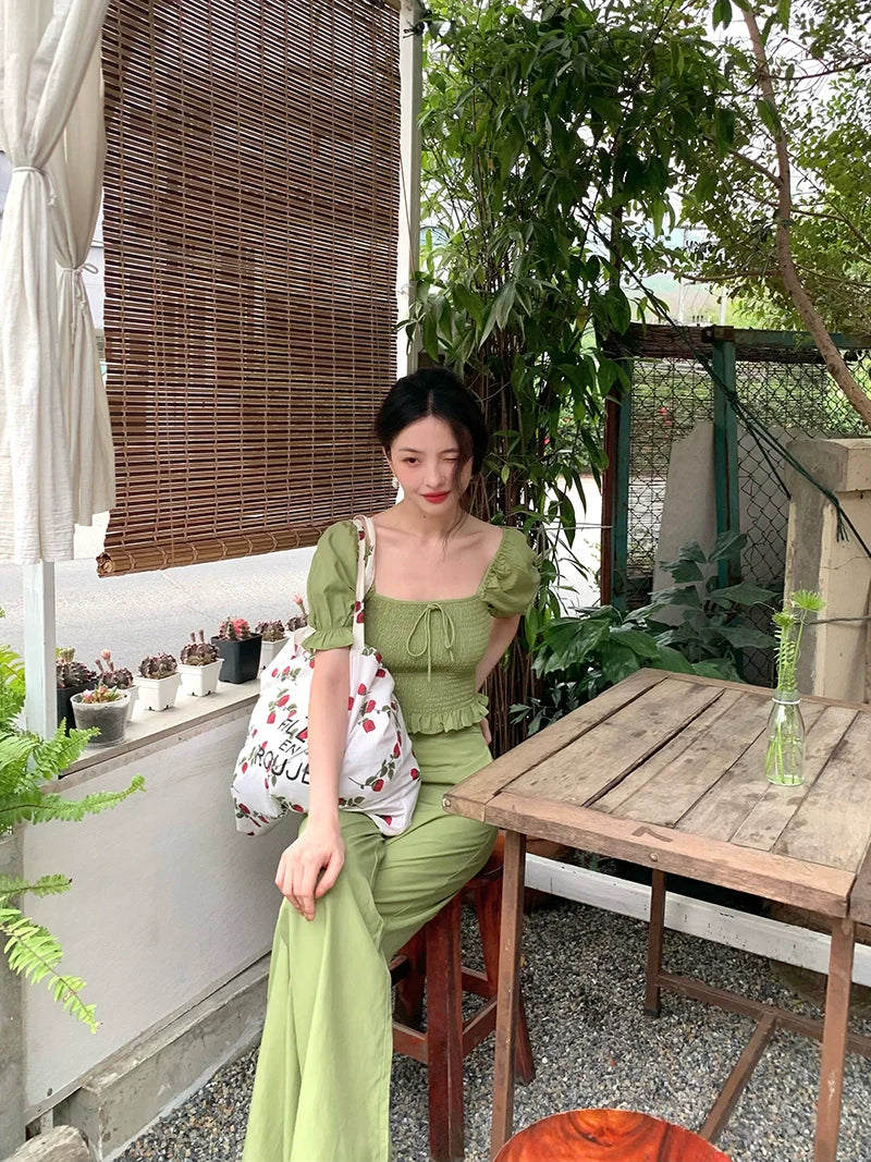Green Smocked Crop Top and Pants Setup