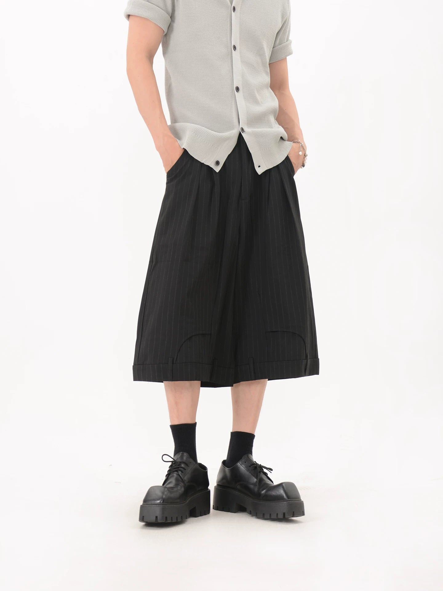 Pinstripe Pleated Wide Leg Culotte Pants