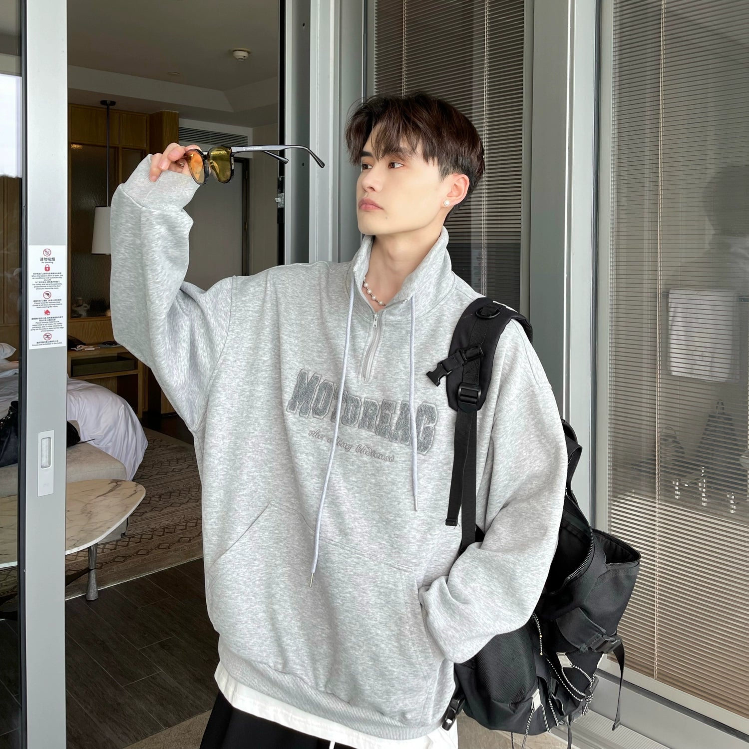 Quarter-Zip Mock Neck Sweatshirt with Embroidered Text