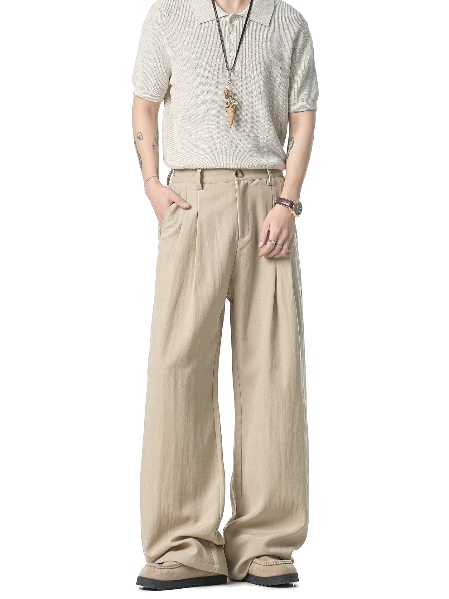 Latte Pleat Relaxed Wide-Leg Trousers