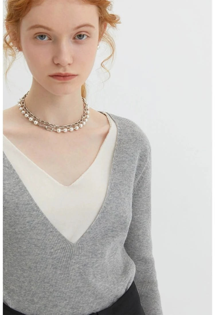 V-Neck Wool Knitwear, Color-Block Faux Layered Top - chiclara