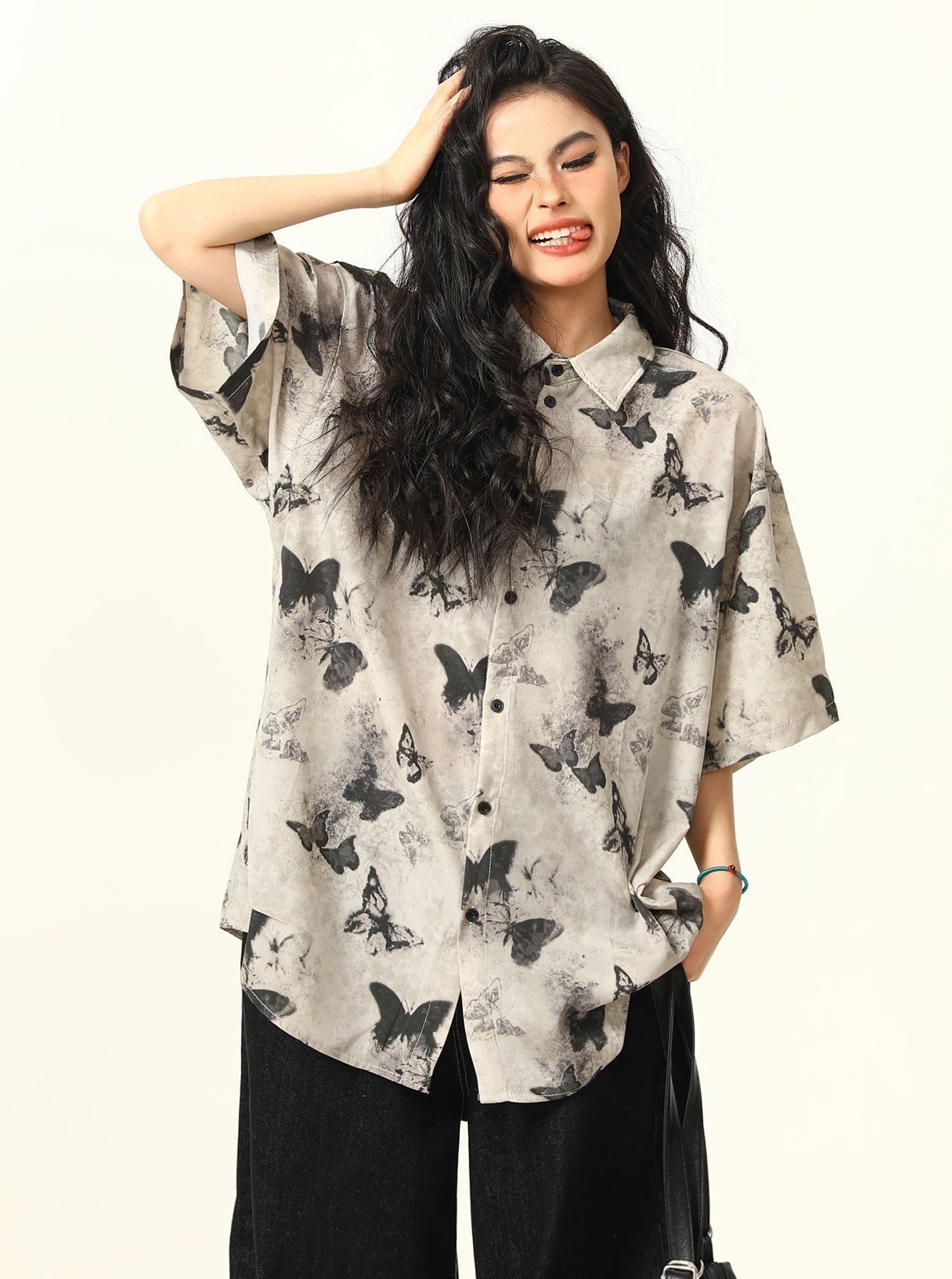 Butterfly Print Pattern Oversized Button-Down Shirt