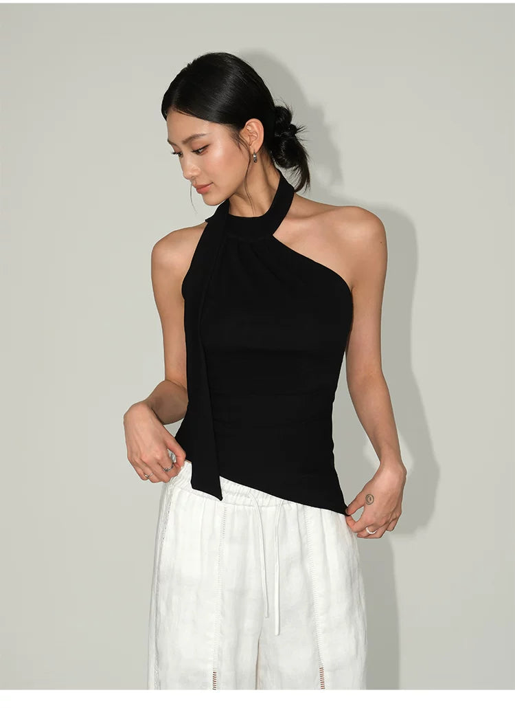 Ribbon Drape Asymmetric Halter Top