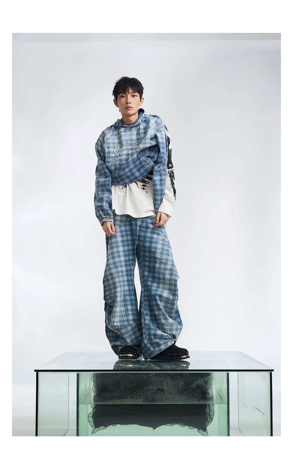 Blue Plaid Balloon Leg Parachute Jeans