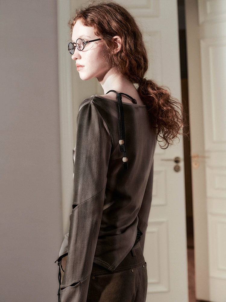 Asymmetrical Sheer Long Sleeve Top with Beaded Strap