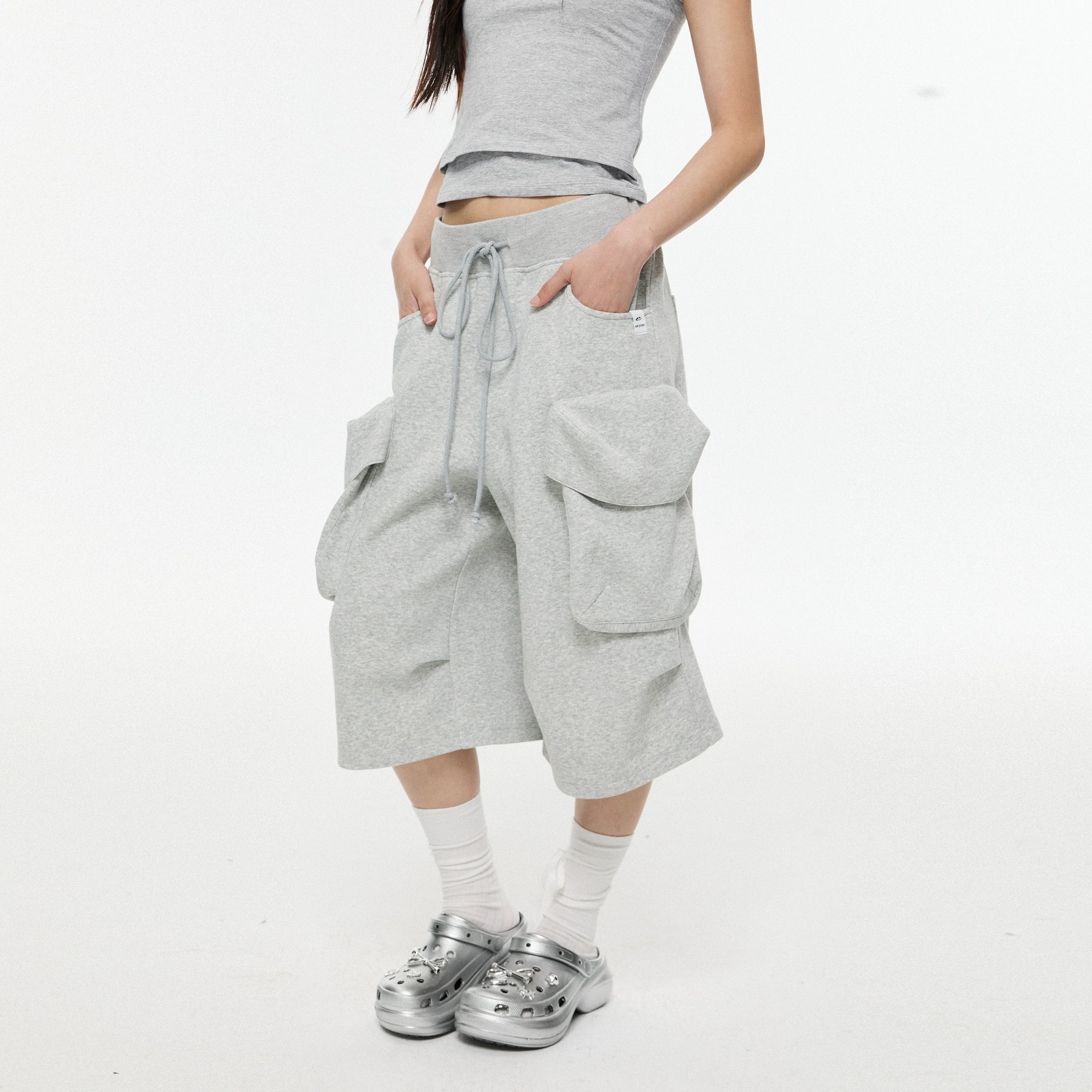 Loose Fit Drawstring Cargo Bermuda Length Shorts