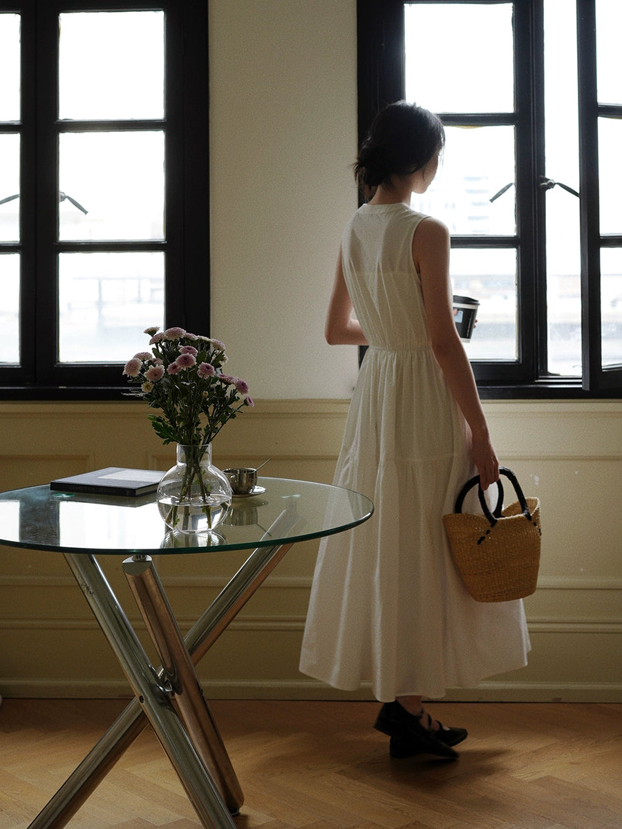 Sleeveless Blue Button-Down Midi Dress