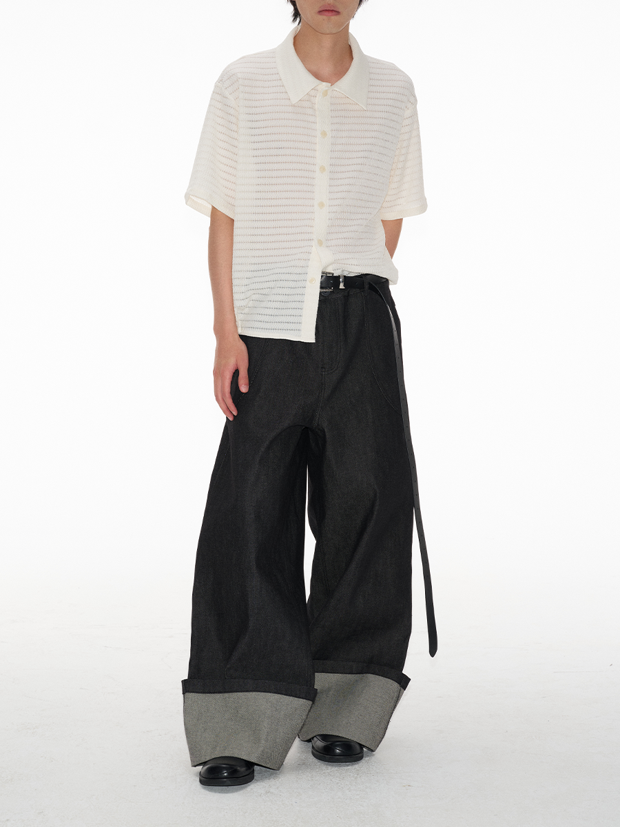 Cuffed Wide-Leg Denim Trousers with Contrast Turn-Up Hem