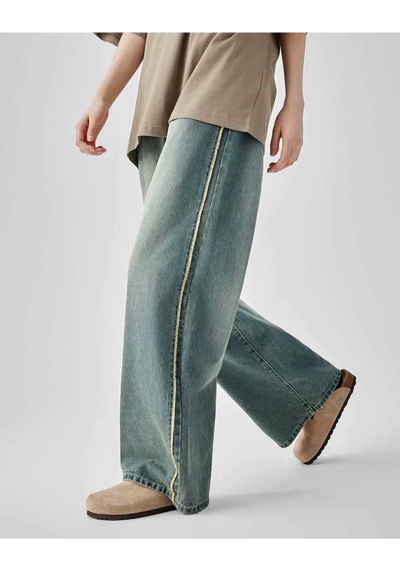 Casual Wide-Leg Denim Jeans With Distressed Wash And Frayed Hem - chiclara