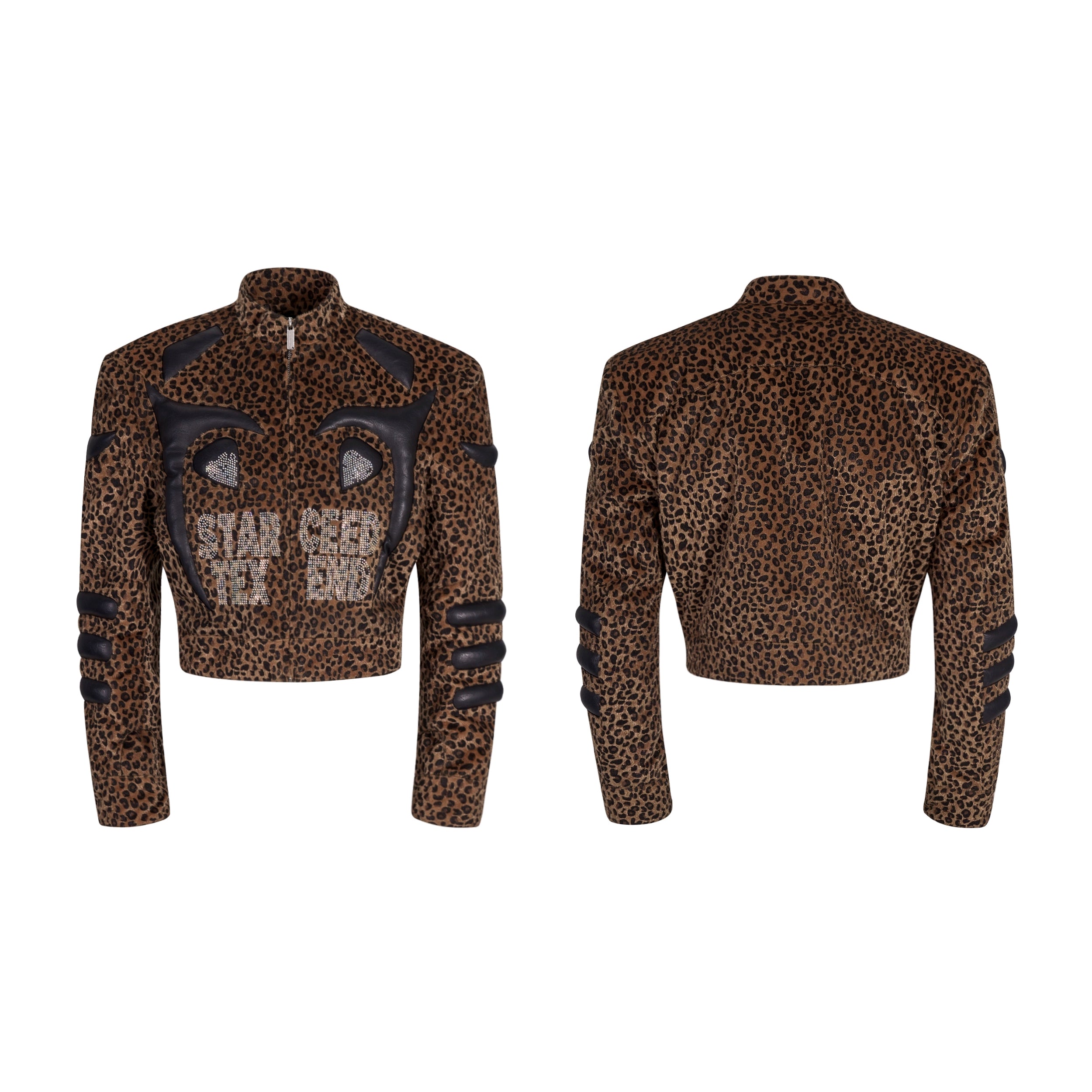 Leopard Print Jacket with Black Faux Leather Appliqué and Studded Detailing