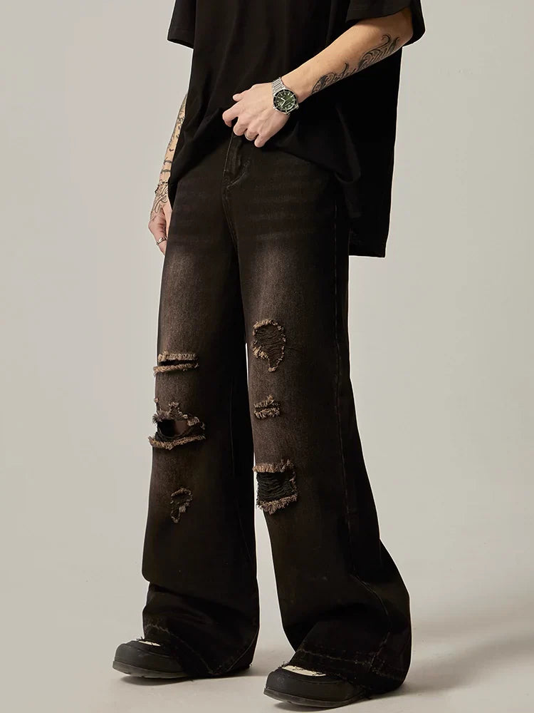 Distressed Wide-Leg Charcoal Denim Jeans