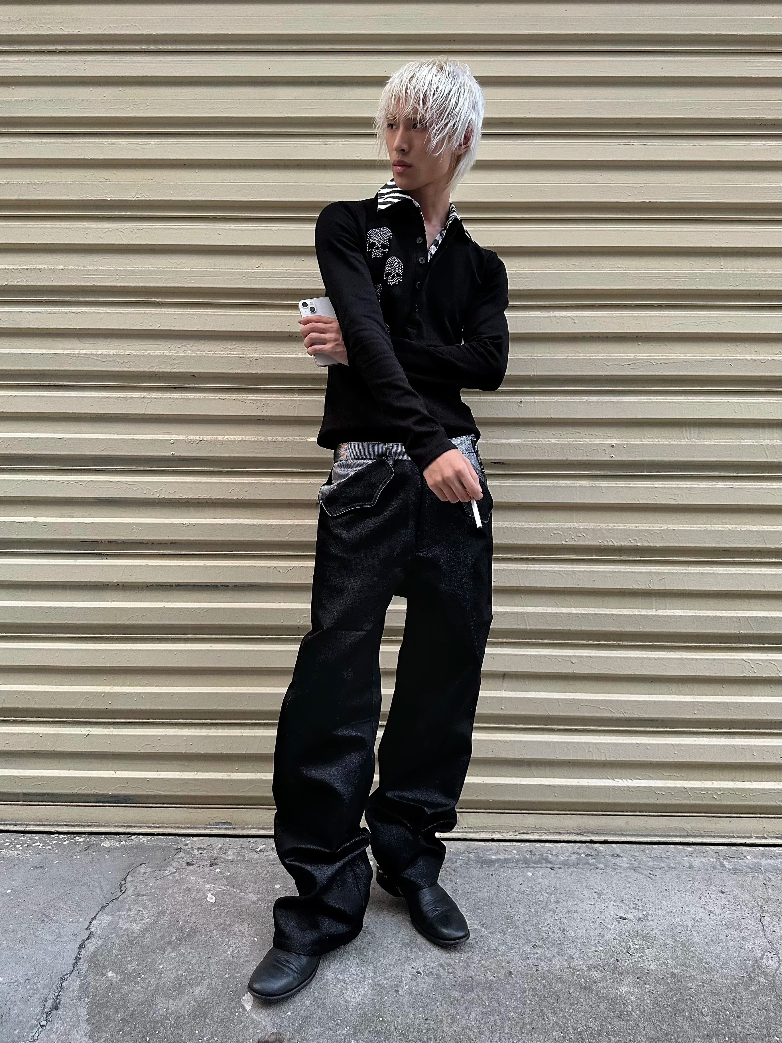 Rudebart Skull Silver‑Yarn Raw Straight Jeans